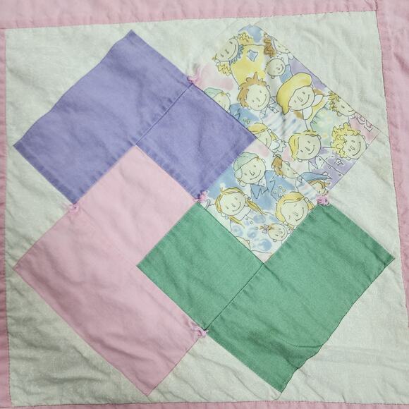 Vintage Patchwork Quilt Baby Blanket Pink Purple Green Pastel Kid Print 37x37 - Picture 3 of 8